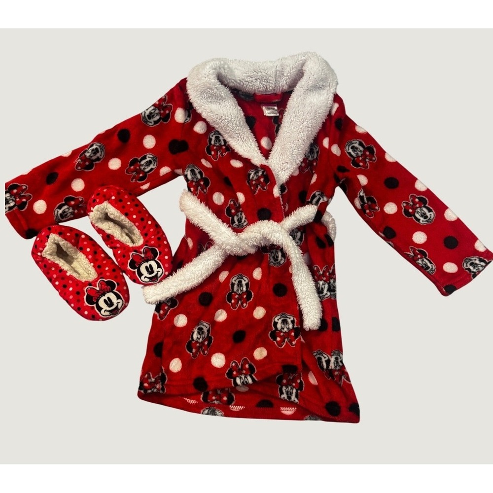 Disney Minnie Mouse Red Polka Dot Fleece Robe and Slipper Set Kids Size 4T/5T